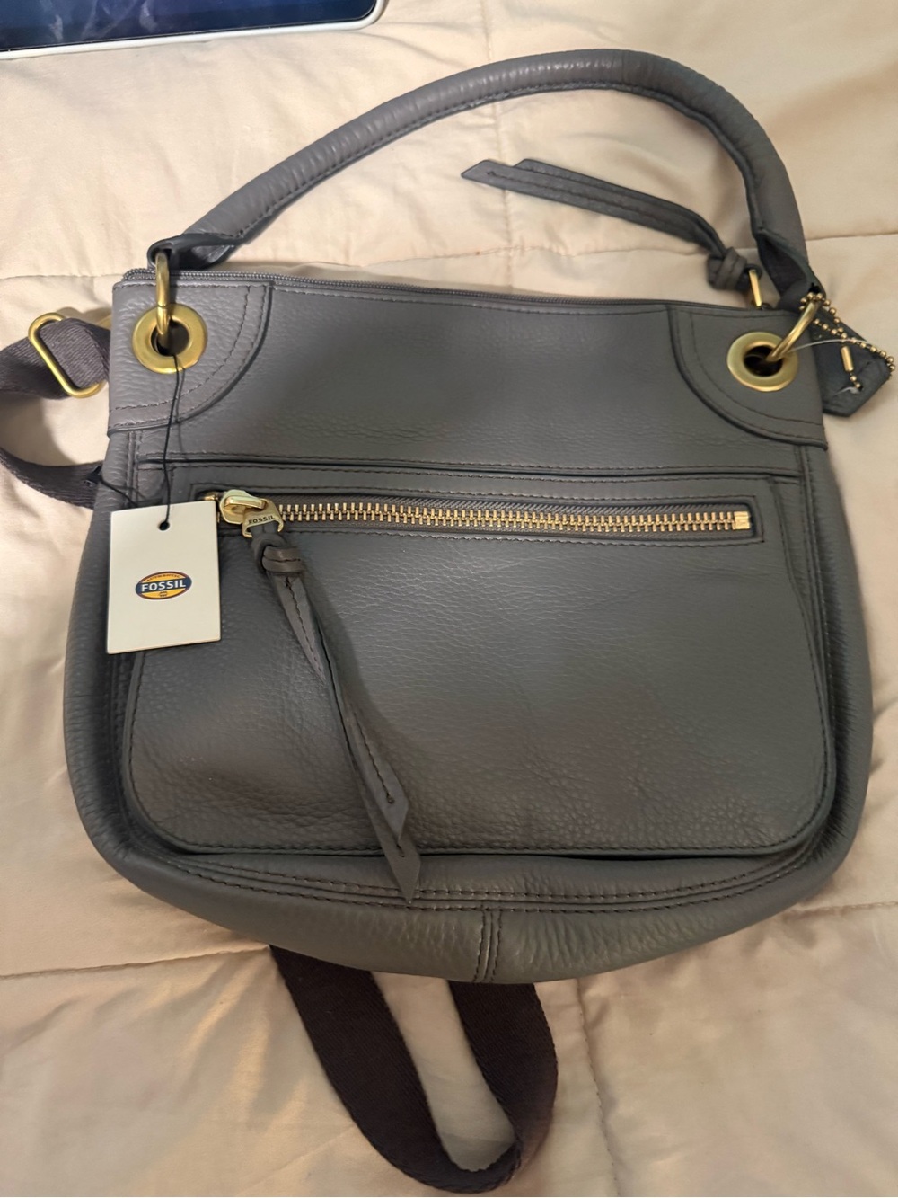 Fossil Grey Leather Crossbody Bag
